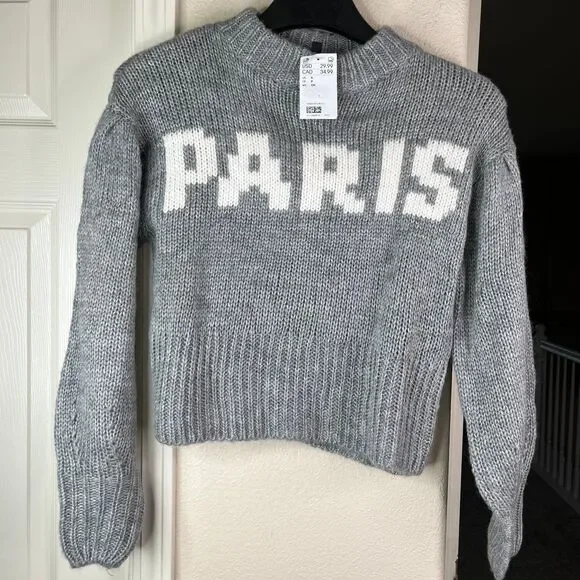Paris Graphic Cropped Long Sleeve Sweater Women’s Grey Size Small #594 - Picture 2 of 12